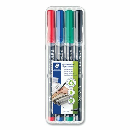 STAEDTLER Lumocolor Permanent Marker Pen, Porous Point, Extra-Fine, 0.4 mm, Assorted Ink Colors/Barrel, 4PK 313 WP4